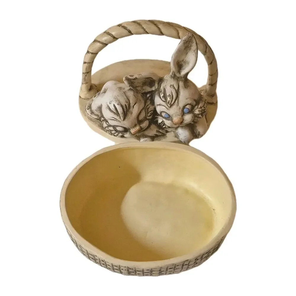 Vintage 1950s Bunnies in Basket Ceramic Trinket Box Cream Brown 7x7x5.5